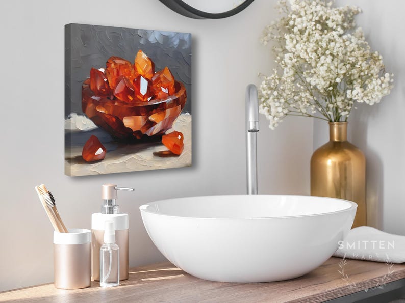 Carnelian Agate Crystal Artwork On Canvas Or Wall Art Print, Modern Orange Mineral Cluster Abstract Painting, Unique Gemstone Art Work Decor image 6