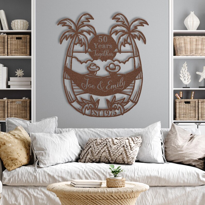 50th Anniversary Gift for Parents, 50 Years Together Tropical Beach Sunset Metal Name Sign Wall Art, Wedding Anniversary Gift for Couple image 13