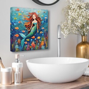 Mermaid Art Print • Whimsical Folk Art Painting • Eclectic Wall Decor • Fish & Sea Animals • Framed Canvas Poster Gift For Mermaid Lover Bild 5