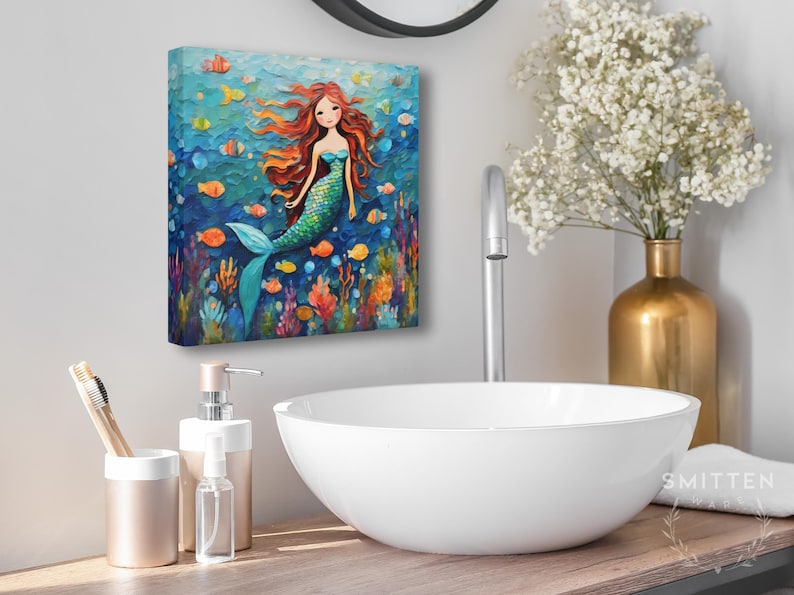 Mermaid Art Print • Whimsical Folk Art Painting • Eclectic Wall Decor • Fish & Sea Animals • Framed Canvas Poster Gift For Mermaid Lover Bild 5