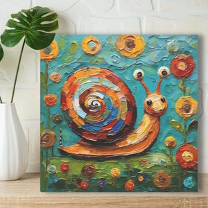 Impresión artística de caracol • Pintura de arte popular caprichosa • Decoración de pared ecléctica • Molusco en jardín de flores • Póster en lienzo enmarcado Regalo para amantes de los caracoles imagen 1