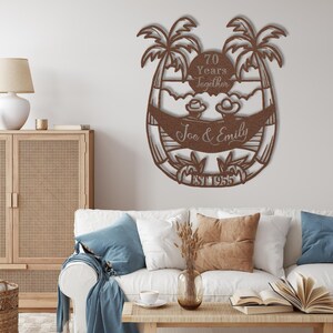 70th Anniversary Gift for Parents, 70 Years Together Tropical Beach Sunset Metal Name Sign Wall Art, Wedding Anniversary Gift for Couple image 2