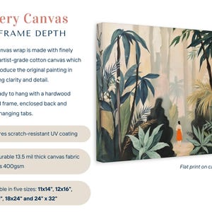 Puede incluir: Impresi&oacute;n en lienzo de galer&iacute;a que representa una escena de selva tropical con exuberante follaje verde y una persona con un vestido naranja. La obra de arte est&aacute; impresa en un lienzo de algod&oacute;n finamente texturizado, profundidad del marco 3,18 cm. Disponible en cinco tama&ntilde;os.