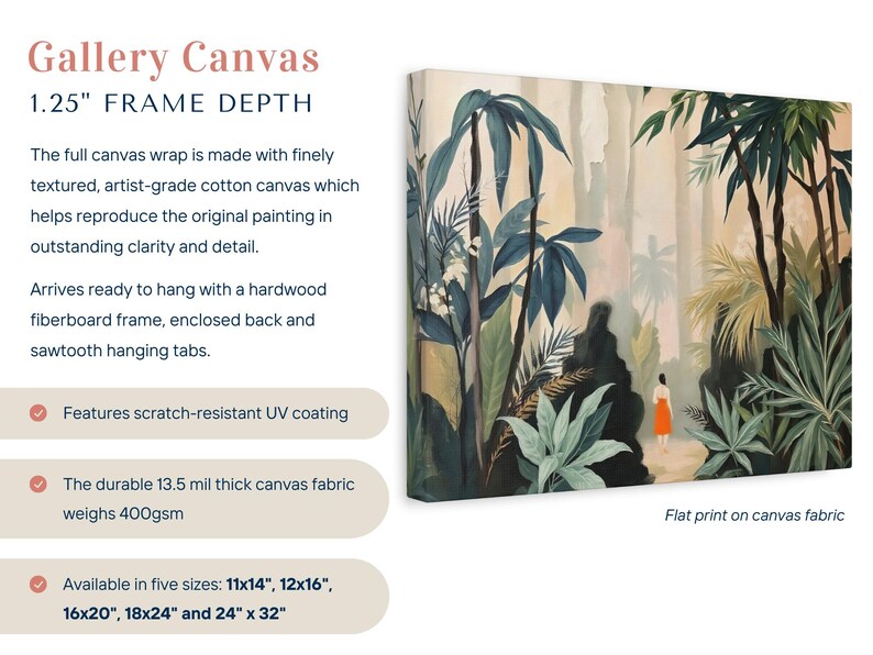 Puede incluir: Impresi&oacute;n en lienzo de galer&iacute;a que representa una escena de selva tropical con exuberante follaje verde y una persona con un vestido naranja. La obra de arte est&aacute; impresa en un lienzo de algod&oacute;n finamente texturizado, profundidad del marco 3,18 cm. Disponible en cinco tama&ntilde;os.