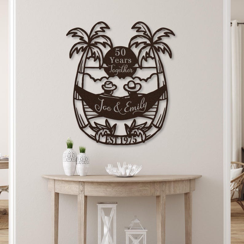 50th Anniversary Gift for Parents, 50 Years Together Tropical Beach Sunset Metal Name Sign Wall Art, Wedding Anniversary Gift for Couple image 1