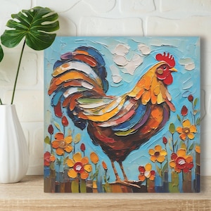 Rooster Art Print • Whimsical Folk Art Painting • Eclectic Wall Decor • Farm Animal & Flowers • Framed Canvas Poster Gift For Chicken Lover