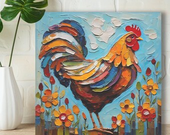 Rooster Art Print • Whimsical Folk Art Painting • Eclectic Wall Decor • Farm Animal & Flowers • Framed Canvas Poster Gift For Chicken Lover