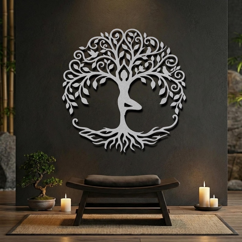 Silver tree of life meditation room sign, zen spa decor.