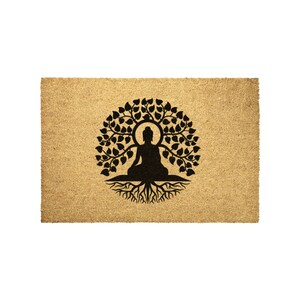 May include: A brown coir doormat with a black silhouette of a Buddha sitting in a tree with roots. The tree is a Bodhi tree, a sacred tree in Buddhism.