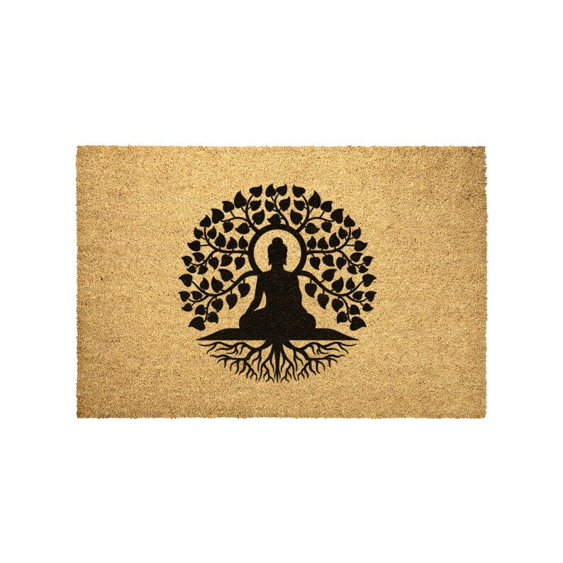 May include: A brown coir doormat with a black silhouette of a Buddha sitting in a tree with roots. The tree is a Bodhi tree, a sacred tree in Buddhism.