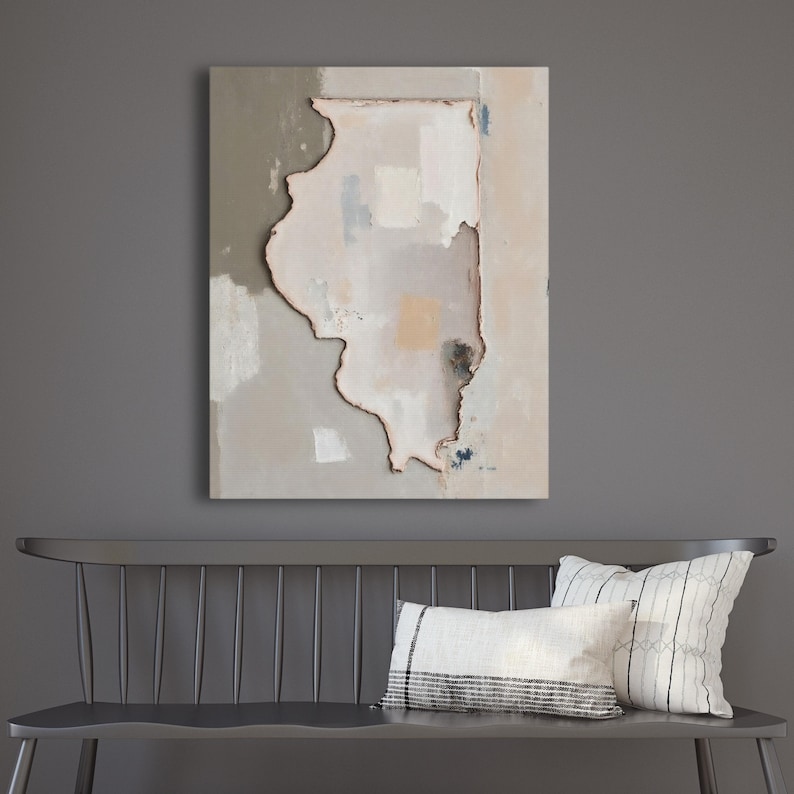 Abstract Illinois State Silhouette Wall Art Print, Modern Minimalist Textured Painting In Neutral Muted Color Artwork, Dusty Pink Gray Decor image 1