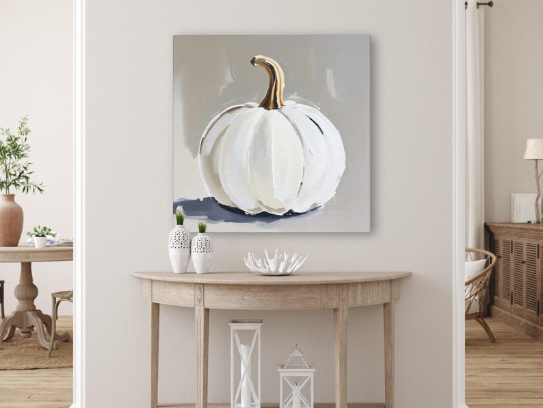 Pintura abstracta de calabaza blanca, decoración de pared otoñal en tonos beige y gris neutros, impresión artística otoñal de estilo rústico moderno, arte minimalista de Halloween en colores apagados imagen 8