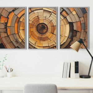 May include: A triptych of framed art prints featuring a close-up view of a tree's cross-section. The artwork showcases concentric circles in shades of brown, orange, and yellow, creating a natural, textured appearance. The frames are silver, and the overall theme is rustic and organic.
