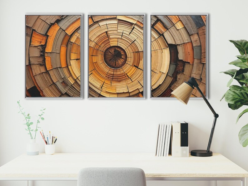 May include: A triptych of framed art prints featuring a close-up view of a tree's cross-section. The artwork showcases concentric circles in shades of brown, orange, and yellow, creating a natural, textured appearance. The frames are silver, and the overall theme is rustic and organic.