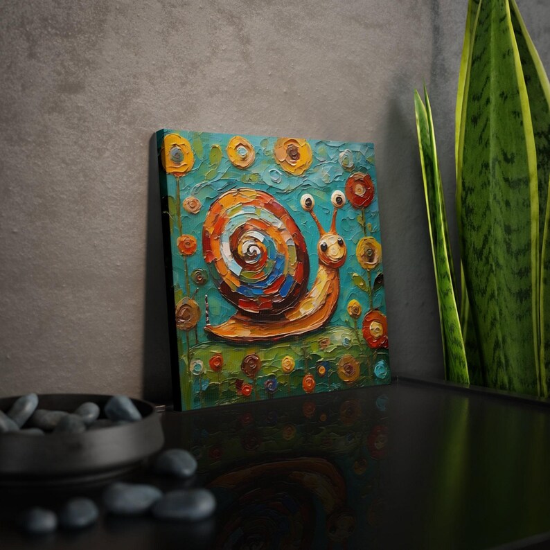 Impresión artística de caracol • Pintura de arte popular caprichosa • Decoración de pared ecléctica • Molusco en jardín de flores • Póster en lienzo enmarcado Regalo para amantes de los caracoles imagen 5