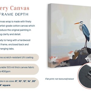 Pintura de garza azul grande sobre lienzo o póster, impresión artística de pared, obra de arte abstracto de paisaje costero neutro y apagado, decoración moderna de aves marinas oceánicas imagen 2