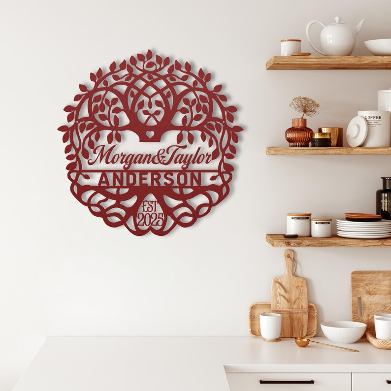 Personalized Wedding Gift for Couple, Metal Established Sign, Custom Marriage Date Sign, Family Tree of Life Metal Wall Art, Metal Name Sign image 12