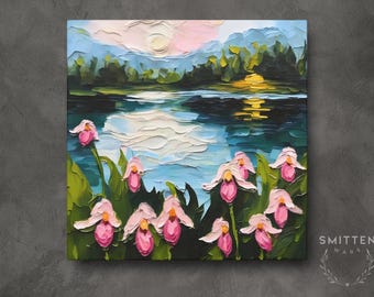 New Hampshire Landscape Painting on Canvas Wall Art Print, Pink Lady Slipper State Wildflower Lake Artwork Home Decor Gift