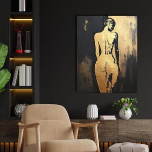 Pintura abstracta de figura femenina, retrato de espaldas, impresión artística de pared con silueta femenina, decoración moderna contemporánea en dorado y negro para el hogar. imagen 6
