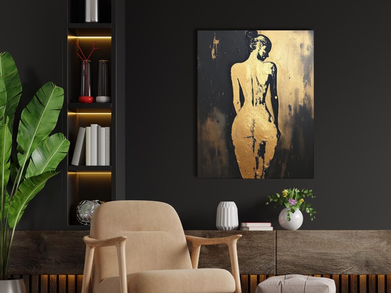 Pintura abstracta de figura femenina, retrato de espaldas, impresión artística de pared con silueta femenina, decoración moderna contemporánea en dorado y negro para el hogar. imagen 6