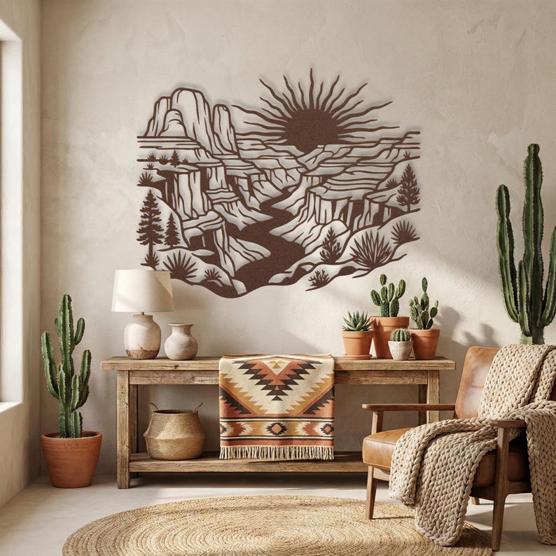 Rust copper metal wall art of Zion National Park showing steep cliffs, pine trees, and river, displayed in southwest living room