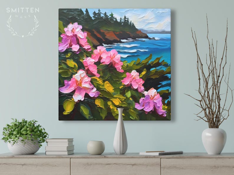 Washington Coast Painting Rhododendron Art on Canvas Wall Art Print, Washington State Flower Landscape Artwork Home Decor Gift image 4