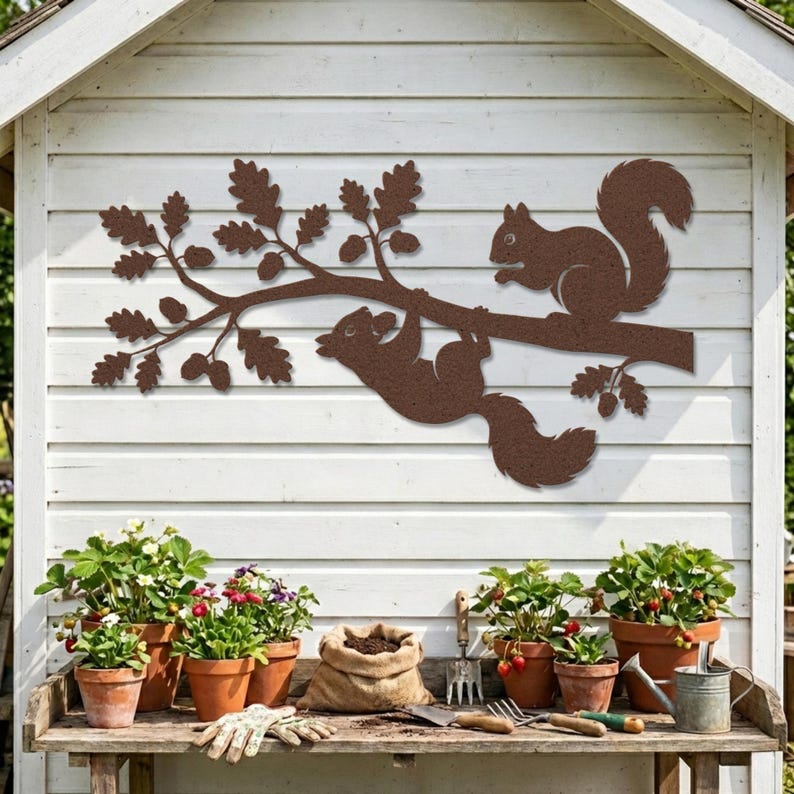 Rustic hammered copper squirrel wall art, outdoor garden shed decor with acorn branch.