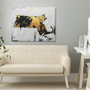 Abstract Massachusetts State Silhouette Wall Art Print, Modern Minimalist Painting In Gold Black And Gray Color Urban Grunge Artwork Decor image 5