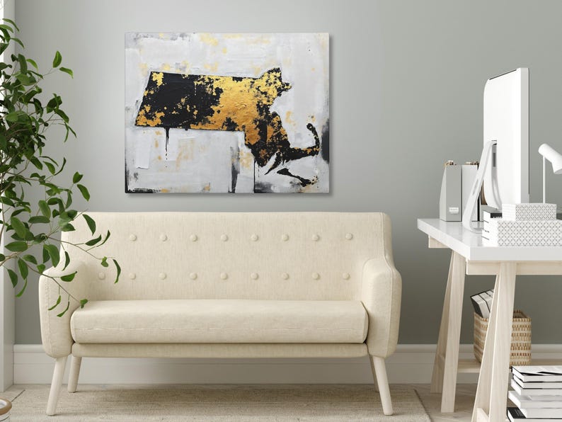 Abstract Massachusetts State Silhouette Wall Art Print, Modern Minimalist Painting In Gold Black And Gray Color Urban Grunge Artwork Decor image 5
