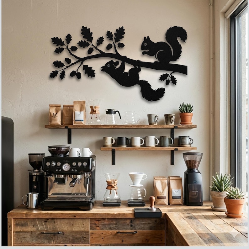 Black metal woodland sign, nature inspired kitchen wall decor.