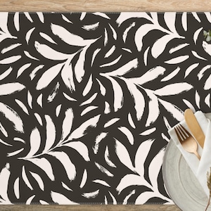 Black and White Placemats, Botanical Placemats, Modern Abstract Leaf Print Place Mats, Cotton Woven Fabric Placemats, Set of 4, Set of Six