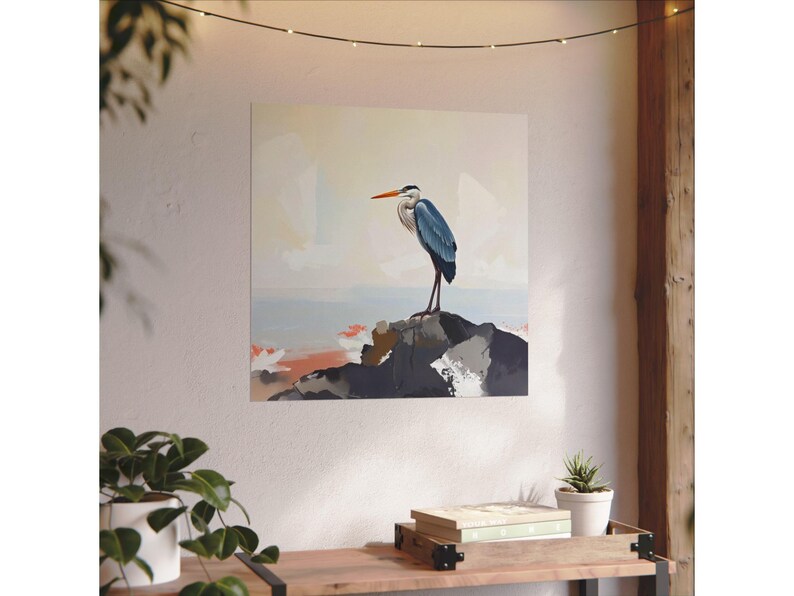 Pintura de garza azul grande sobre lienzo o póster, impresión artística de pared, obra de arte abstracto de paisaje costero neutro y apagado, decoración moderna de aves marinas oceánicas imagen 5