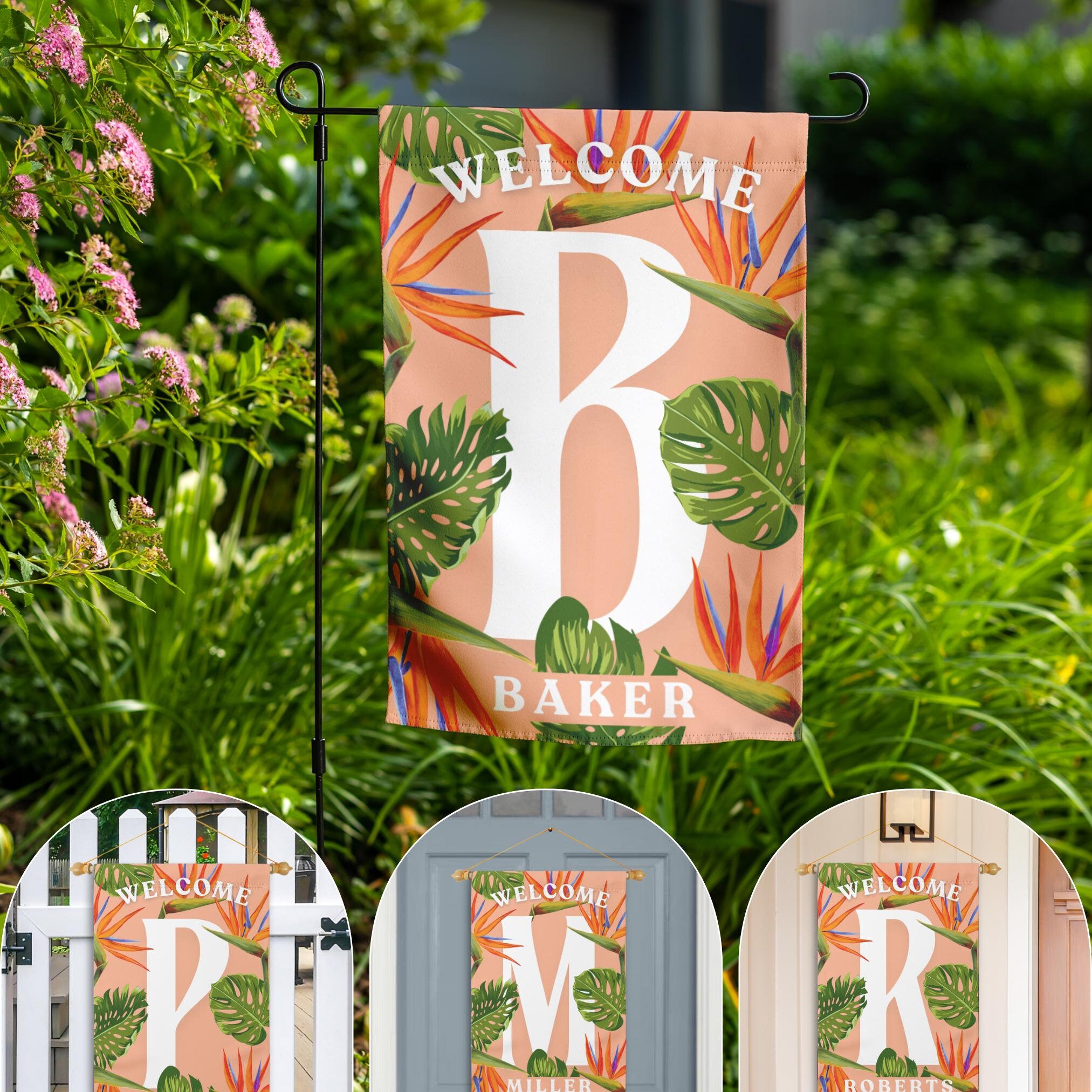Tropical Garden Flag, Custom Front Door Hanger, Letter Monogram Seasonal Garden Decor, Outdoor Patio Porch Welcome Sign Front Door Yard Art