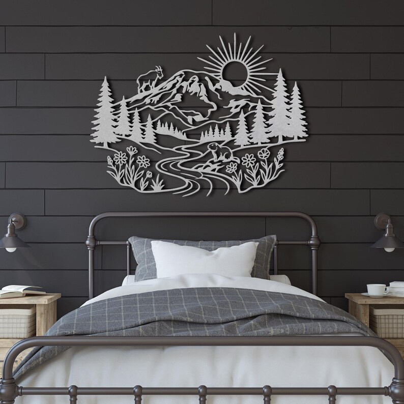 Silver laser cut steel Rainier mountain scene on dark grey shiplap wall.