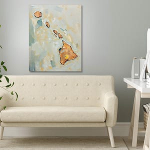 Impresión artística de pared con silueta abstracta del estado de Hawái, pintura texturizada minimalista moderna en colores neutros y apagados, decoración en azul aguamarina y naranja. imagen 5