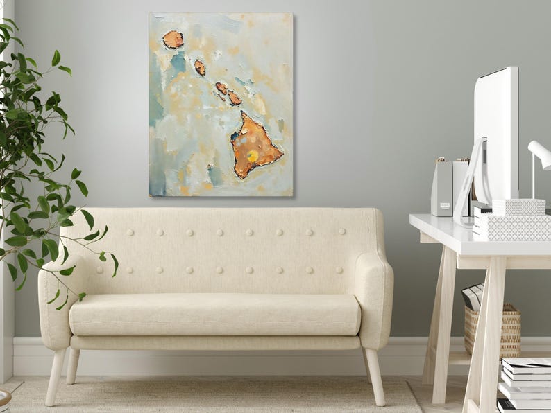 Impresión artística de pared con silueta abstracta del estado de Hawái, pintura texturizada minimalista moderna en colores neutros y apagados, decoración en azul aguamarina y naranja. imagen 5