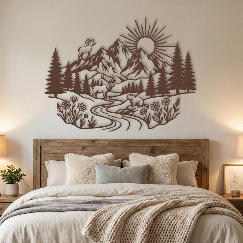 Puede incluir: Una pieza de arte mural de metal marr&oacute;n que representa una escena de monta&ntilde;a con &aacute;rboles, un r&iacute;o y vida silvestre. La obra de arte incluye un sol, monta&ntilde;as y varios animales. La pieza est&aacute; montada sobre una cama con cabecero de madera.