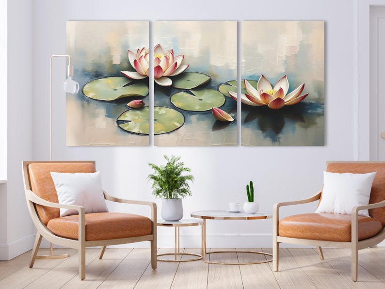 May include: Triptych canvas art featuring a serene water lily pond scene. The artwork showcases three panels with soft, impressionistic brushstrokes. Pink and white water lilies float on the water, surrounded by green lily pads. The overall color palette is muted.