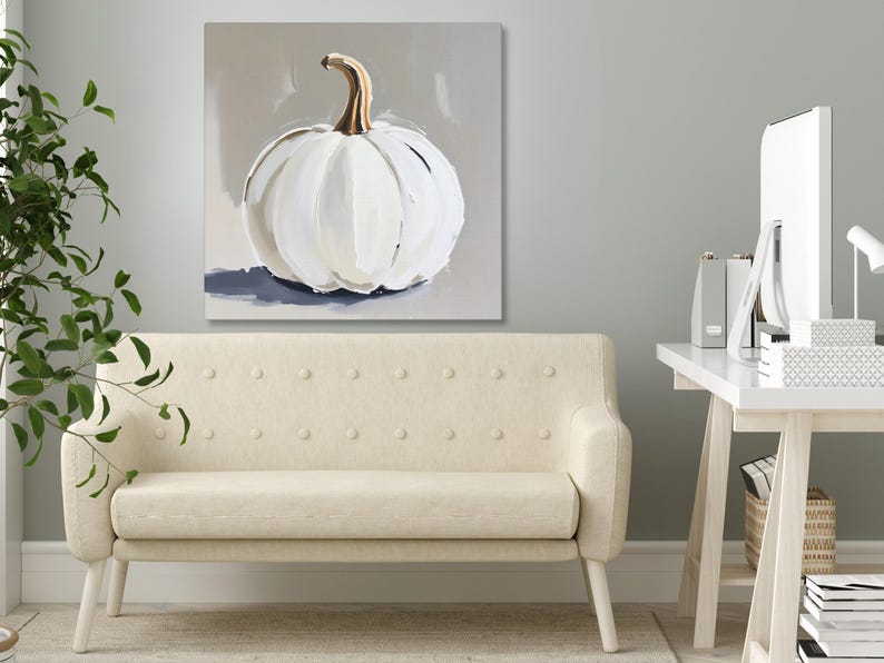 Pintura abstracta de calabaza blanca, decoración de pared otoñal en tonos beige y gris neutros, impresión artística otoñal de estilo rústico moderno, arte minimalista de Halloween en colores apagados imagen 6