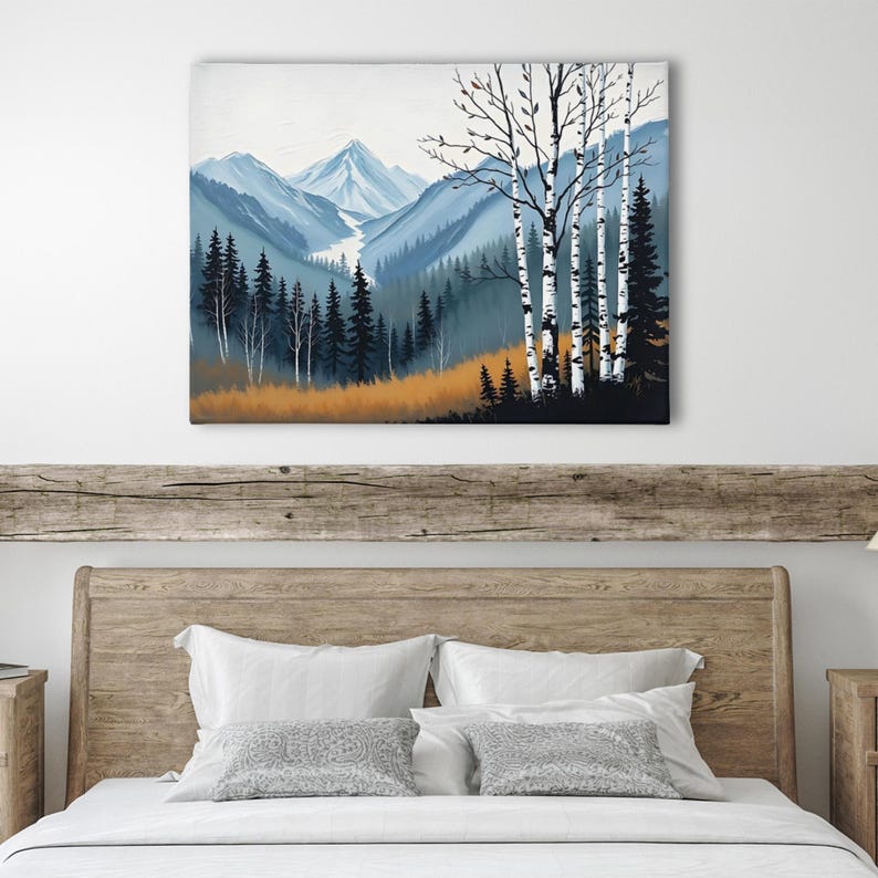 Birch Tree Painting, Neutral Mountain Landscape Art Print, Muted Blue Green Forest River Valley Nature Scene Wall Art, Fall Home Wall Decor Bild 5