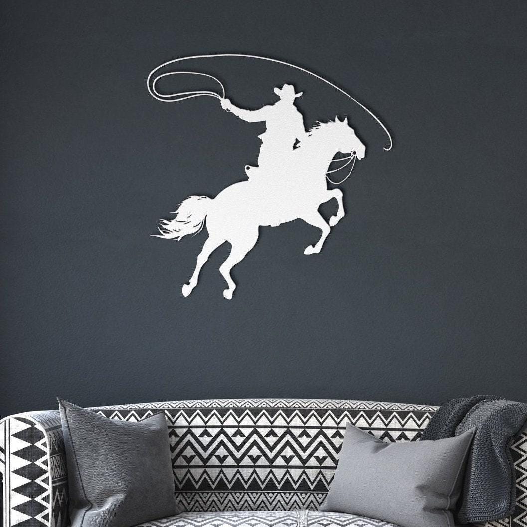 Cowboy Silhouette Wall Decal - Horseback Riding & Lasso Design - 40x40 Inch Removable Vinyl Sticker For Boys Room, Study, Bedroom Decor