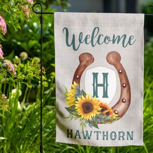 Western Sunflower Garden Flag, Floral Horseshoe Yard Flag, Flower Farmhouse Welcome Sign, Custom Personalized Monogram Outdoor Garden Decor