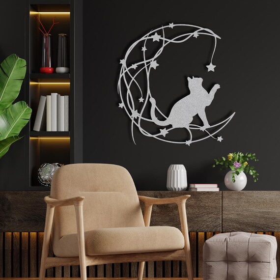 Arte Murale In Metallo Personalizzata - Gatto Nero Con Luna E Stelle - Decorazione Da Esterno/Interno Con Cognome - 2