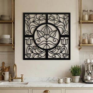 Laser cut metal wall medallion, black square lattice art.