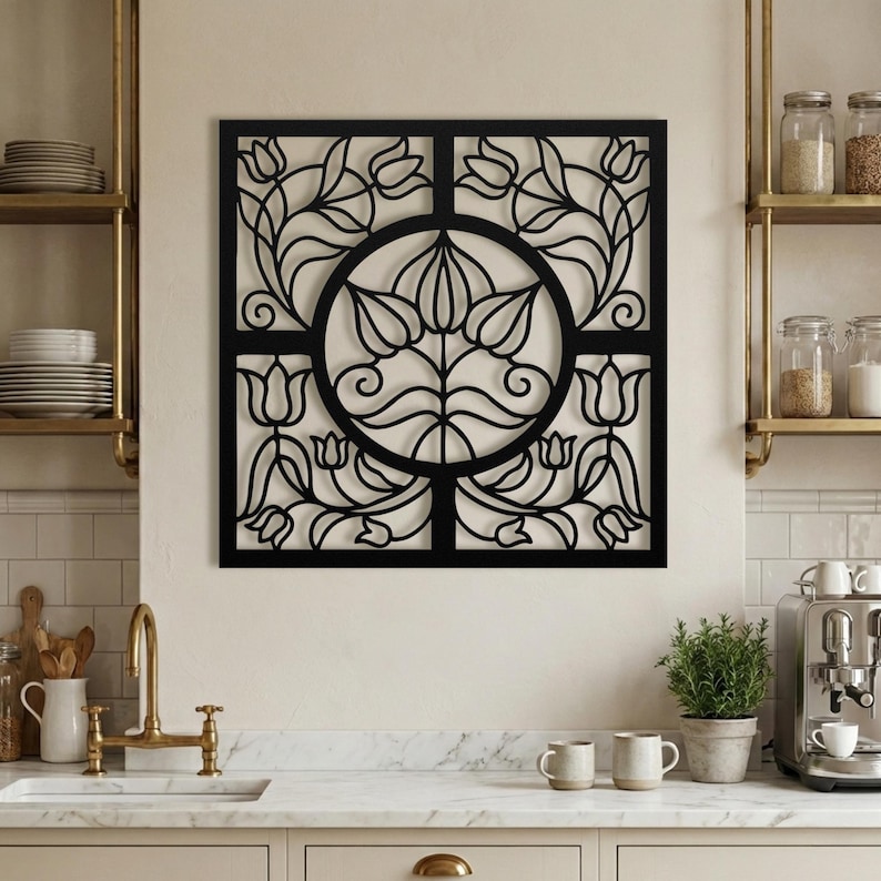 Laser cut metal wall medallion, black square lattice art.