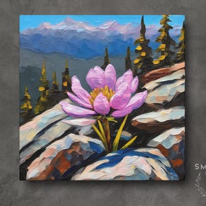 Montana Wildflower Art, Canvas Wall Art Print, Bitterroot Montana State Flower Landscape Painting Artwork Home Decor Gift