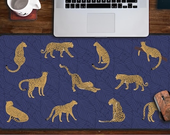 Leopard Desk Mat, Navy Blue Desk Pad, Tropical Leaf Deskmat, Maximalist Cheetah Mouse Pad, Jungle Animal Mousepad, Leopard Desk Accessories