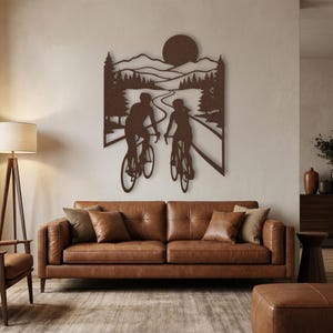Rustic dark hammered copper cycling couple metal sign, extra large mountain landscape cyclist gift over leather couch