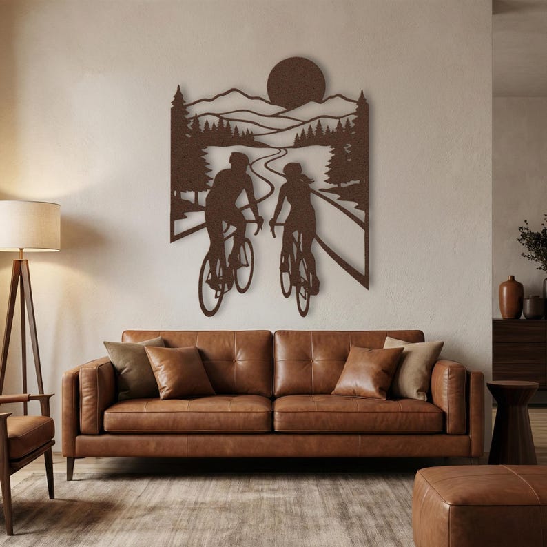 Rustic dark hammered copper cycling couple metal sign, extra large mountain landscape cyclist gift over leather couch