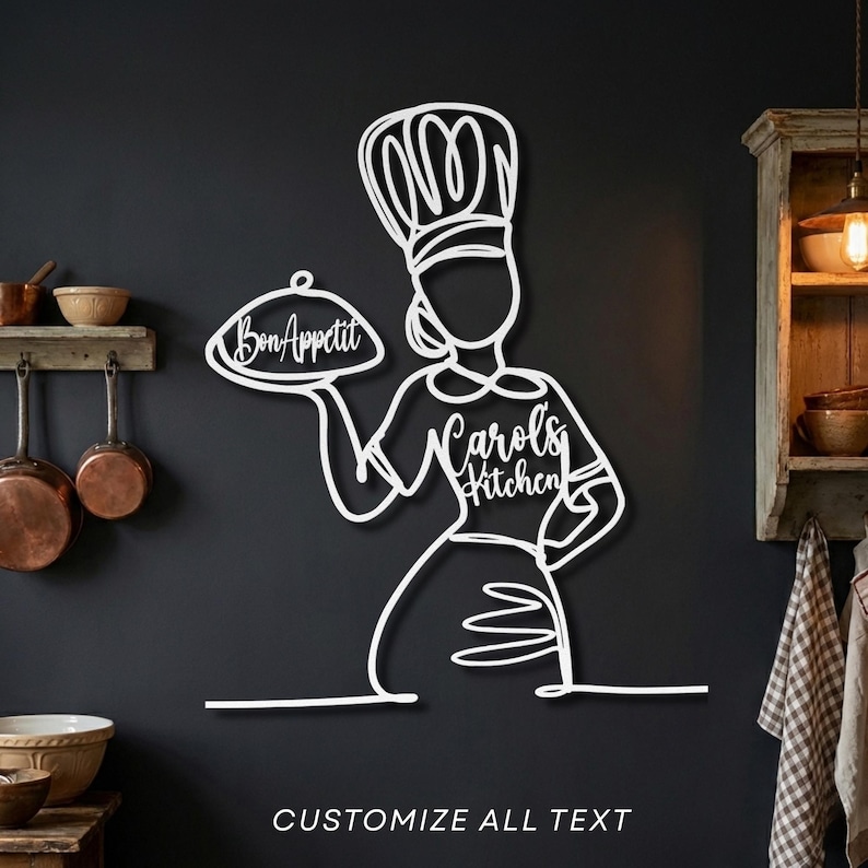 White minimalist woman chef silhouette on black wall showing customizable text options for name and platter phrase.